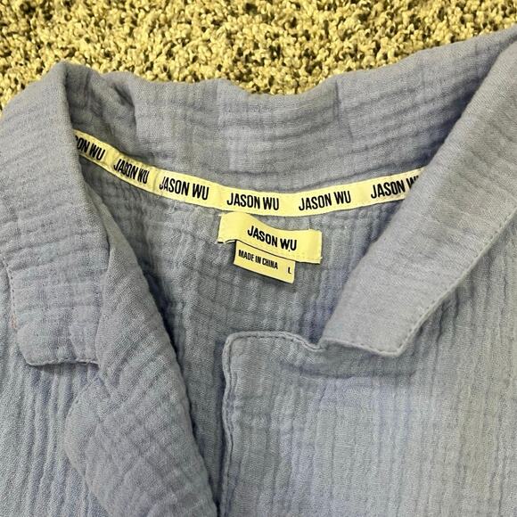 Jason Wu Waffle Knit Lounge Shirt, Button-Up Women’s Large,‎ Light Blue Cropped - Picture 2 of 9